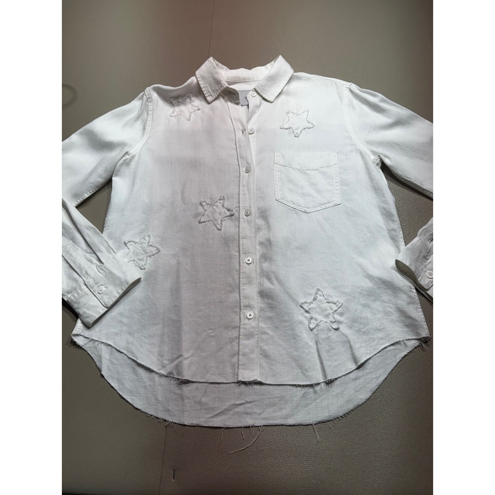 Rails White Star Applique Button Down Shirt Raw Hem Linen Blend XS